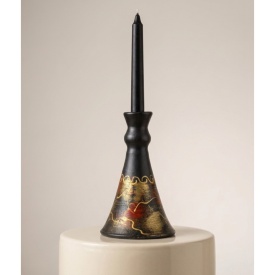 Sfesnic din ceramica, suport pentru lumanare, handmade, Marginea, rosu cu auriu, 16 cm - Img 2