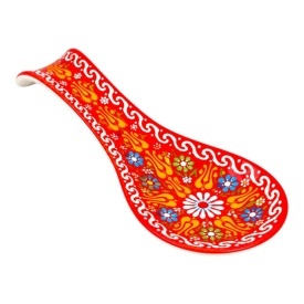 Suport de lingura din ceramica, portocaliu , pictat manual, model floral traditional, suport ustensile bucatarie, handmade, 24x9,5 cm