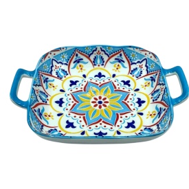 Tava din ceramica cu doua manere, albastra , pentru servire, 23x 18 cm