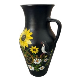 Ulcior ceramic negru, pictat manual, model rustic cu floarea soarelui, caruta si flori de camp, handmade, decor traditional, cadou premium, 30 cm