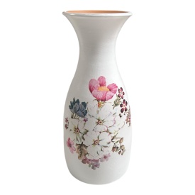 Vaza alba ceramica, decorata manual cu buchet de flori, 25 cm, artizanat autentic