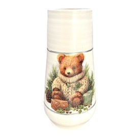 Vaza ceramica 30 cm, decorata manual cu ursulet de Craciun, scena cadouri, decor festiv