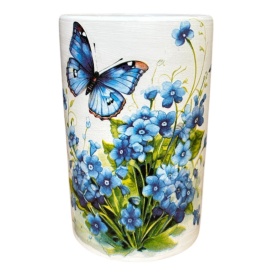 Vaza ceramica alba decorativa cu fluture albastru si flori, handmade, 18 cm