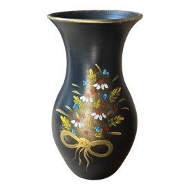 Vaza ceramica neagra, pictata manual, buchet de flori, detalii aurii, pentru flori, decor living, cadou handmade, 25 cm