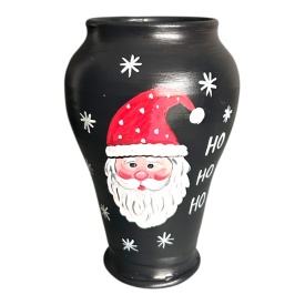 Vaza ceramica neagra pictata manual cu chipul lui mos craciun, 20 cm – decor de Craciun din Bucovina
