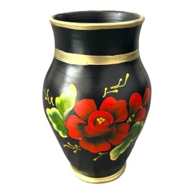 Vaza ceramica neagra, pictata manual, flori rosii, detalii aurii, margine aurie, handmade, vaza decorativa pentru flori, 20 cm