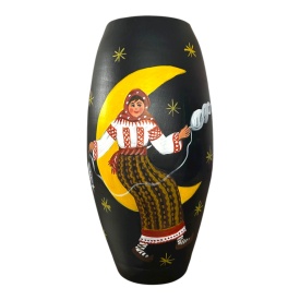 Vază ceramică pictată manual 30 cm – țărancă torcând lână, Marginea