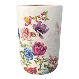 Vaza decorativa din ceramica artizanala Ceramica Martinescu, model Gradina cu Flori si Fluturi, lucrata manual in Bucovina, 20 cm