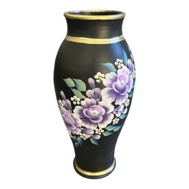 Vaza mare neagra, 40 cm, pictata manual, flori mov, detalii aurii, ceramica, handmade, vaza decorativa inalta, pentru flori, decor living, cadou elegant