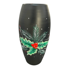 Vaza neagra ceramica 30 cm, decorata manual, tematica Craciun, decor festiv