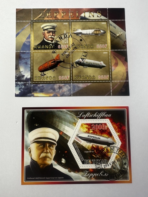 2 x Blocuri filatelice – Dirijabile Zeppelin – Rwanda 2009 & Ciad 2015