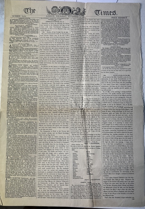 Marea Britanie – The Times, 7 noiembrie 1805 – Rapoarte oficiale după Bătălia de la Trafalgar