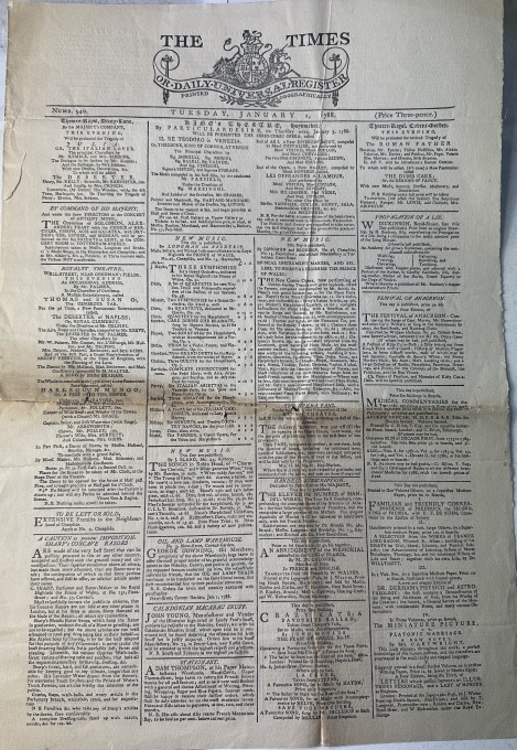 🇬🇧 Marea Britanie – „The Times”, 1 ianuarie 1788, din timpul regelui George al III-lea - raritate absoluta .