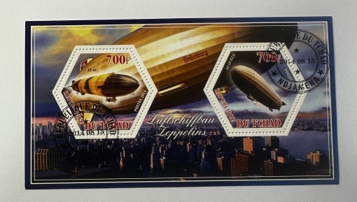 Bloc filatelic (colită) Ciad 2014 – Zeppeline (Hindenburg, LZ-41, LZ-45) – 2×700F