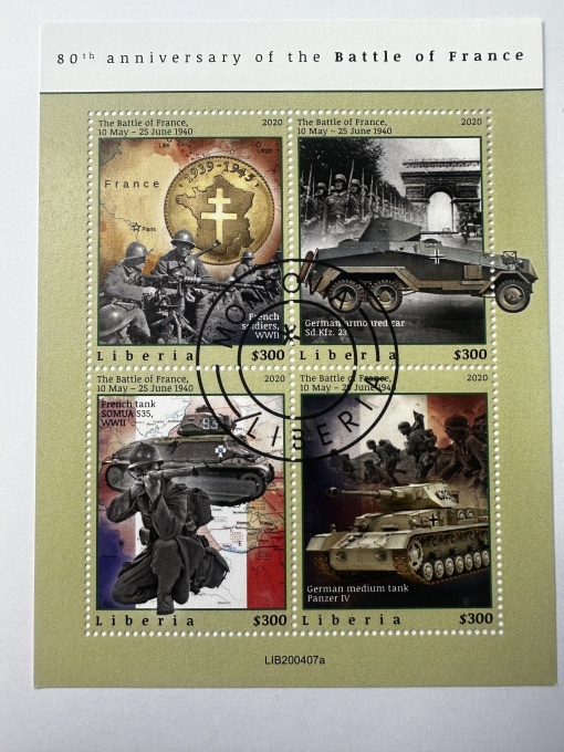 Bloc filatelic Liberia 2020 – 80 de ani de la Bătălia Franței, 4 timbre
