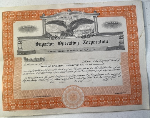 Certificat de acțiuni Superior Operating Corporation (SUA)