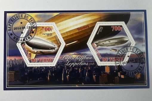Bloc filatelic (colită) Ciad 2014 – Zeppeline (Graf Zeppelin LZ-127, Hindenburg LZ-129) – 2×700F