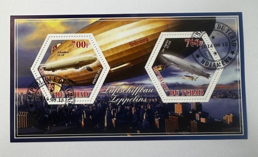 Bloc filatelic (colită) Ciad 2014 – Zeppeline (Schwaben LZ-10, USS Los Angeles LZ-126) – 2×700F