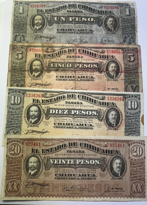 Set bancnote revoluționare Mexic 1914 – El Estado de Chihuahua (1, 5, 10, 20 Pesos)