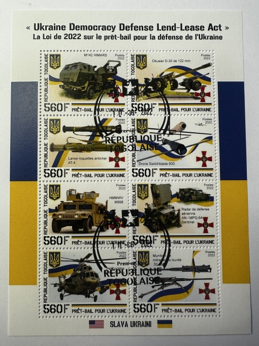 Bloc filatelic – Ukraine Democracy Defense Lend-Lease Act, Republica Togoleză, 2022, 560 F × 8
