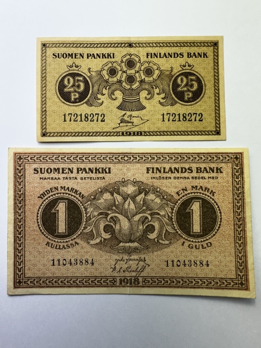 Set bancnote Finlanda 1918 – 25 Penniä & 1 Markka – Primele emisiuni după independența de Rusia