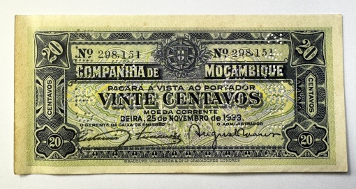 Bancnotă colonială Mozambique – 20 Centavos 1933, Companhia de Moçambique