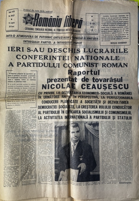 „România liberă”, cotidian al Consiliului Național al Frontului Unității Socialiste, ediția de joi, 20 iulie 1972 (Anul XXX, Nr. 8.637, 12 pagini