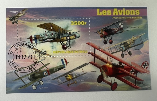 Bloc filatelic (colită) Mali 2023 – Avioane din Primul Război Mondial – 3500F