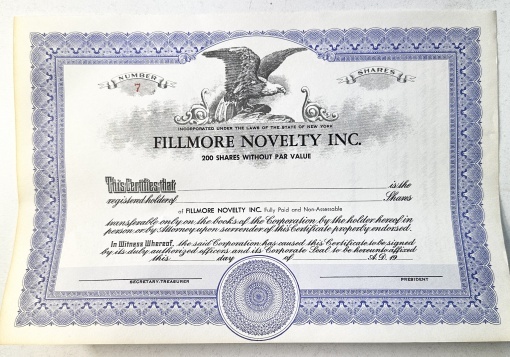 Certificat de acțiuni Fillmore Novelty Inc. (SUA)