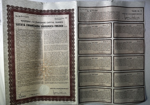 Warrant pentru achiziția de acțiuni – Società Finanziaria Siderurgica FINSIDER S.p.A. (Italia), valabil până în 1974.