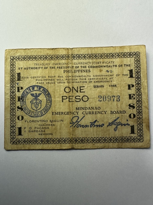 Bancnotă rară – 1 Peso, Filipine, 1944 – Mindanao Emergency Currency Board