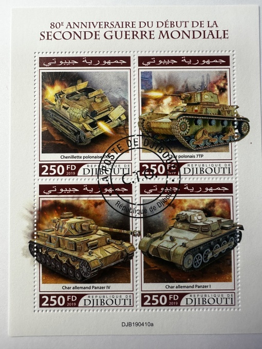Bloc filatelic – 80 de ani de la începutul celui de-Al Doilea Război Mondial, Djibouti, 2019, 4 timbre