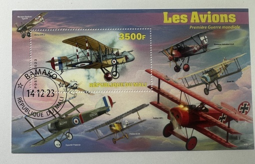 Bloc filatelic (colită) Mali 2023 – Avioane din Primul Război Mondial – 3500F