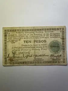 Bancnotă rară Filipine – 10 Pesos 1943 - emisă de Negros Emergency Currency Board în timpul celui de-Al Doilea Război Mondial.