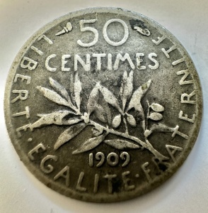 FRANTA - 50 CENTIME 1909 - ARGINT 835