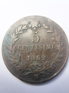 Moneda Italia - Vittorio Emanuelle II - 5 Centesimi 1862 - Img 2