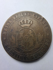 Monedă Spania 1856 – Regina Isabel II – 5 Céntimos de Escudo - Img 2