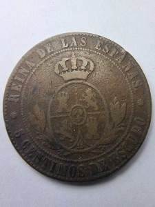 Monedă Spania 1856 – Regina Isabel II – 5 Céntimos de Escudo - Img 2