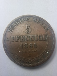Regatul Saxoniei (Königreich Sachsen) - 5 Pfennige emisă în anul 1863, în timpul domniei regelui Johann von Sachsen ( Ioan al Saxoniei ) - Img 2