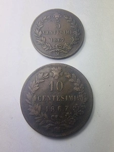 Set Monede - 5 & 10 Centesimi 1867 – Regatul Italiei, Vittorio Emanuele II - Img 2