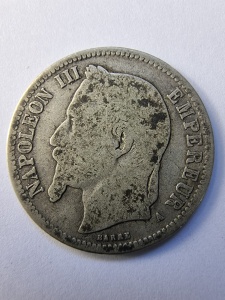 1 Franc 1866 - Franta - Napoleon III - Argint - Img 1