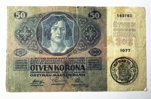 Bancnota Austro-Ungaria cu stampila “ Romania “ - 50 Korona 1914
