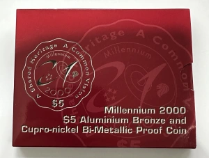Monedă comemorativă bimetalică de 5 dolari, emisă de Singapore în anul 2000 pentru celebrarea noului mileniu. - Img 4