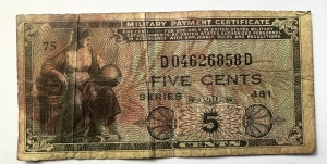 Bancnota Miltara - Military Payment Certificate (MPC) – 5 Cents, Seria 481, emis pentru armata SUA.