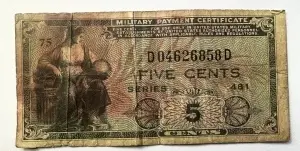 Bancnota Miltara - Military Payment Certificate (MPC) – 5 Cents, Seria 481, emis pentru armata SUA.