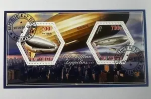 Bloc filatelic (colită) Ciad 2014 – Zeppeline (Graf Zeppelin LZ-127, Hindenburg LZ-129) – 2×700F