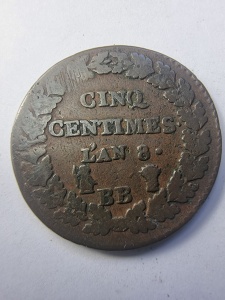 Monedă Franța – 5 Centimes – L’An 8 (1799–1800) – Atelier BB Strasbourg – Prima Republică - Img 2