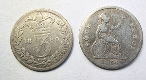 Set Monede Argint 0.925 - Regatul Unit - Victoria - 3 Pence 1880 + 4 Pence 1854 - Img 2