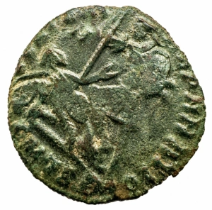 Tablou elegant, dimensiuni 14.8x 19.8 cm, ce conține o monedă autentică din timpul împăratului roman CONSTANTIUS II ( 337-361 ) prezentată într-un design artistic inspirat din stilul roman antic. - Img 3