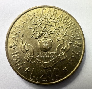 Moneda Comemorativa - Italia - 200 Lire 1994 - 180 de ani de la înființarea Armei Carabinierilor (1814–1994)